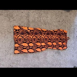 ORANGE STRETCHY REPTILE ANIMAL PRINT STRAPLESS HALTER TIE BODYCON DRESS S/M